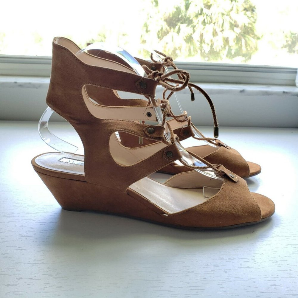 INC Tan Faux Suede Lace up Wedge Sandals